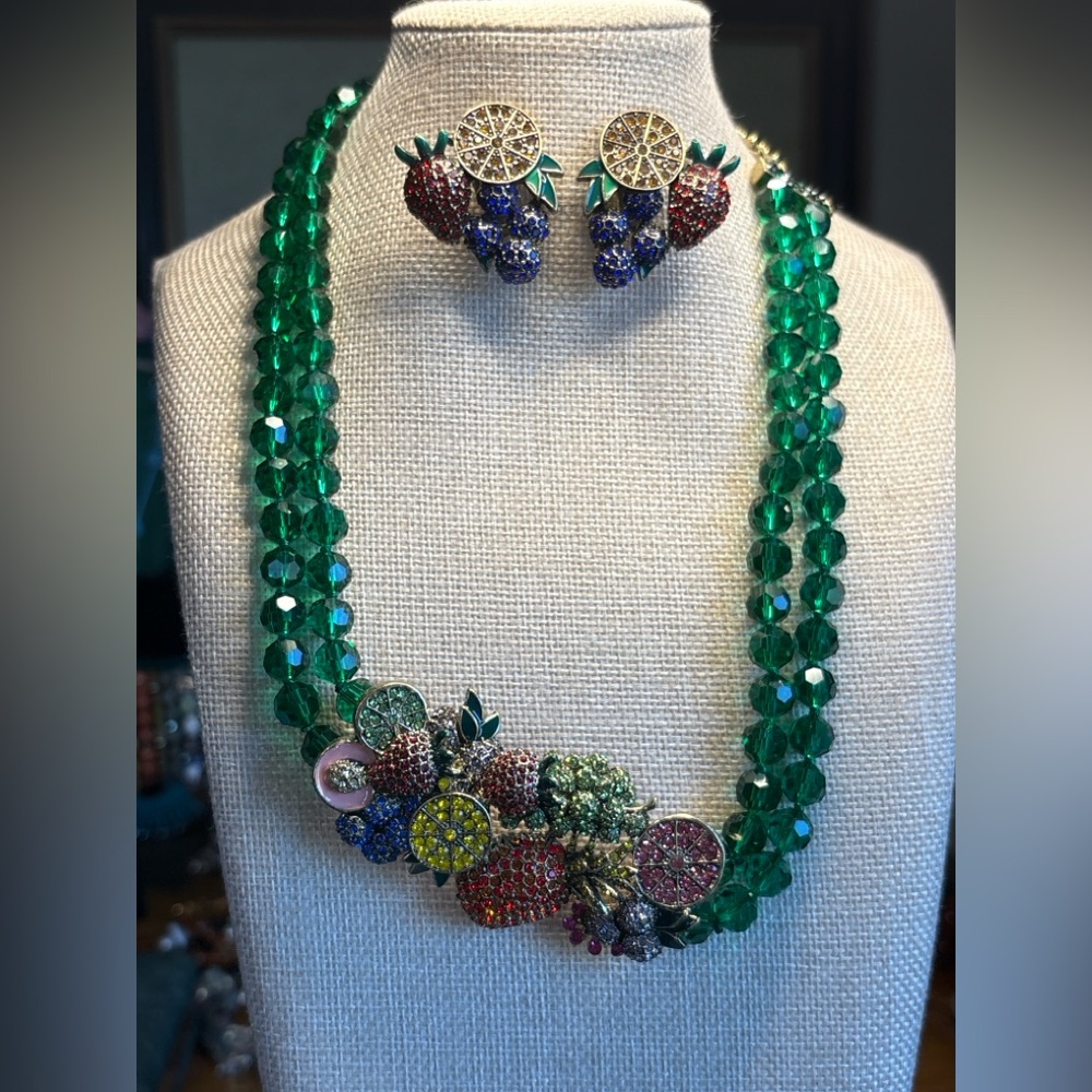 Elegant Green Beaded Necklace and clip Earring Set